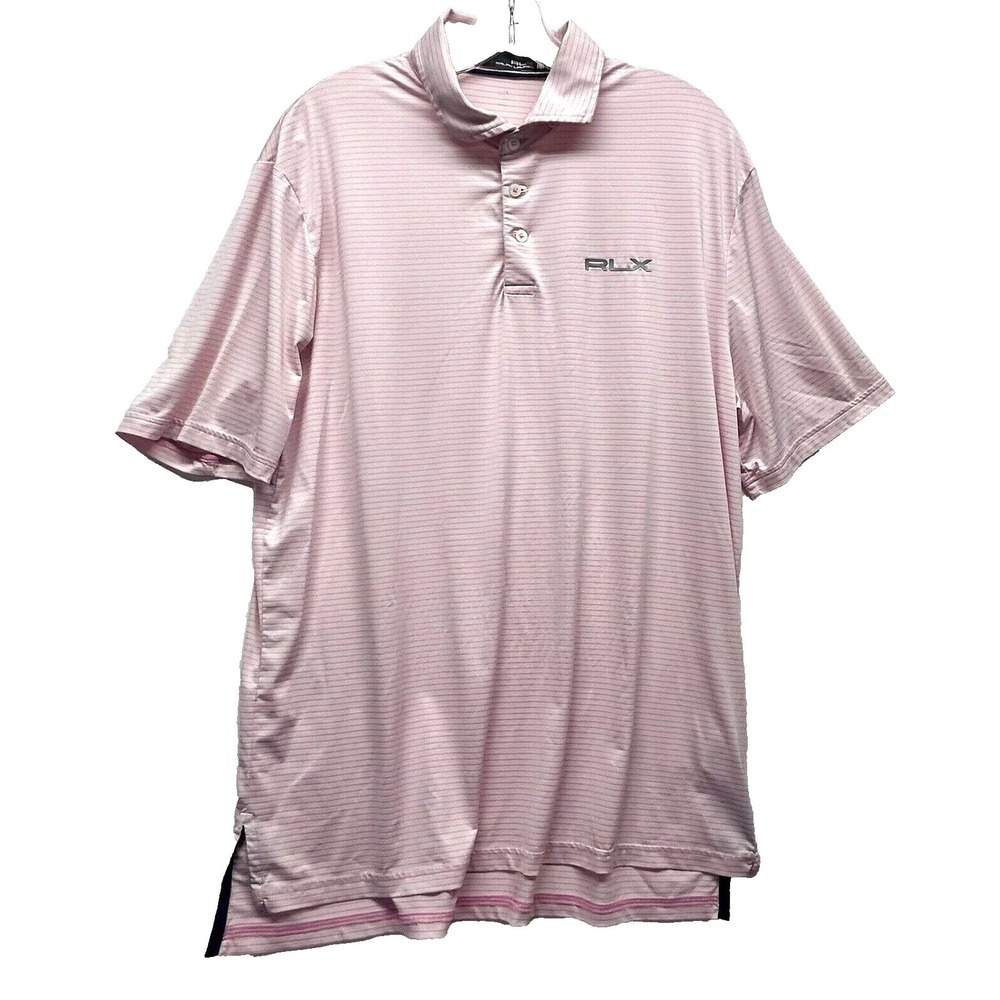 RLX Ralph Lauren Men's Large Pink Polyester Blend Striped Polo (H9)